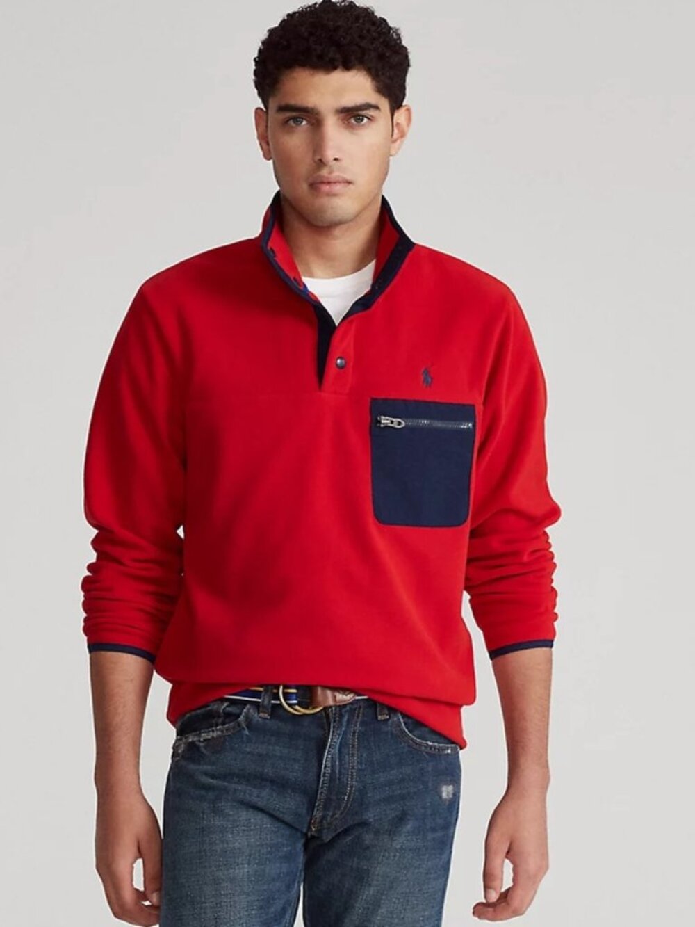 Polo Ralph Lauren Red Fleece Pullover with Navy Pocket Size Large NWOT